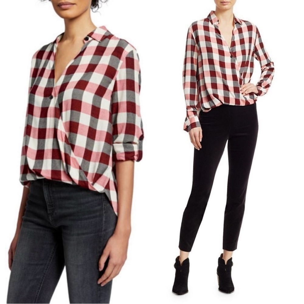 Rag & Bone Blouse Camille Shirt High Low Hem Long Sleeve Red Ivory XXS NWT New